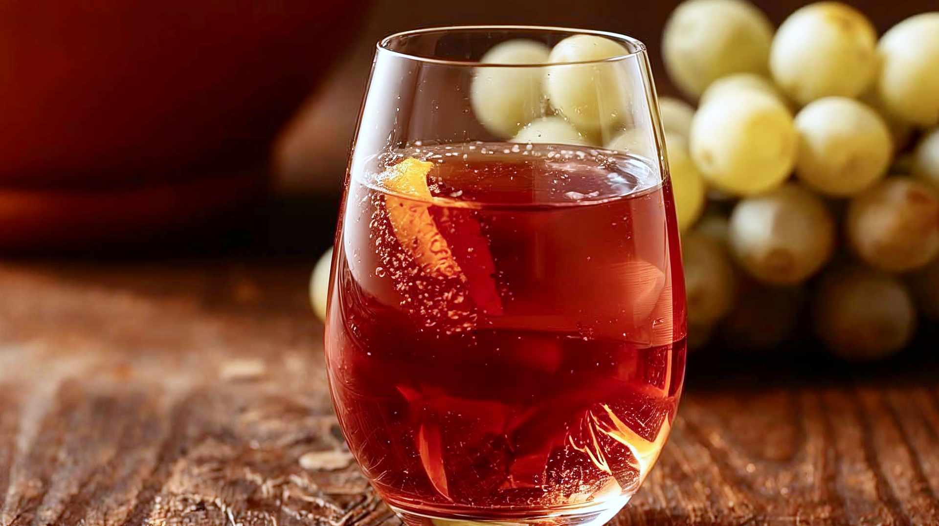 A high-resolution, professional editorial photograph of a glass of amber-colored orange wine sitting on a rustic, dark wooden table. The lighting is warm and natural, creating a golden hour glow that illuminates the liquid, showing its deep copper and apricot hues. In the background, slightly out of focus, is an earthenware clay pot (resembling a Qvevri) and a bunch of white grapes with sun-speckled skins. The mood is earthy, sophisticated, and artisanal. No people in the shot. Focus strictly on the texture of the wine and the setting.