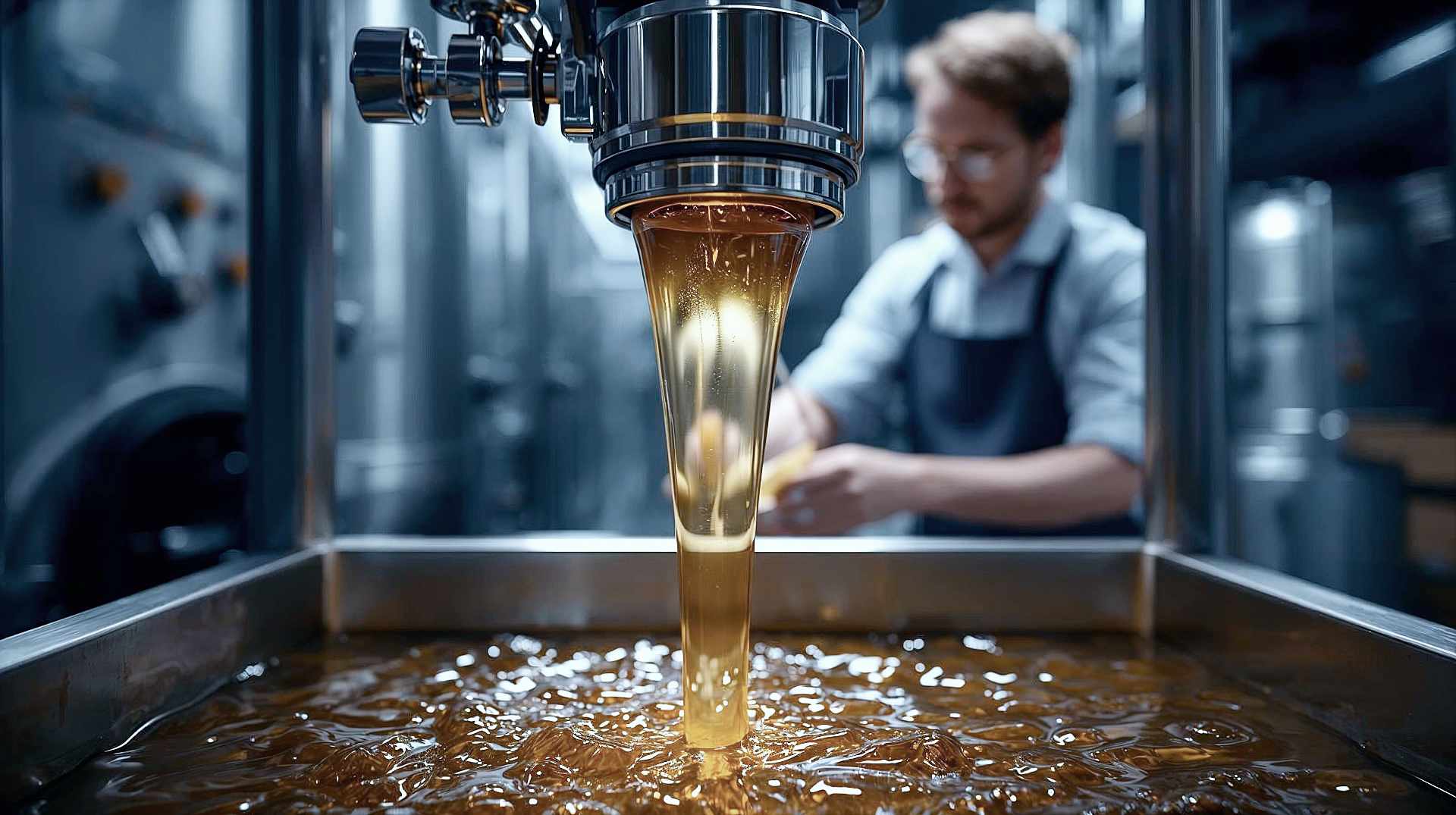 A hyper-realistic, professional editorial photograph inside a modern, high-tech winery. The focal point is a stream of crystal-clear, golden grape juice flowing from a stainless steel pneumatic press into a collection tray. The lighting is dramatic but clean, highlighting the clarity and golden hue of the juice against the cool, metallic silver of the machinery. In the slightly blurred background, a winemaker in workwear inspects the equipment. The mood is precise, scientific, and artisanal. High resolution, 8k, cinematic lighting.