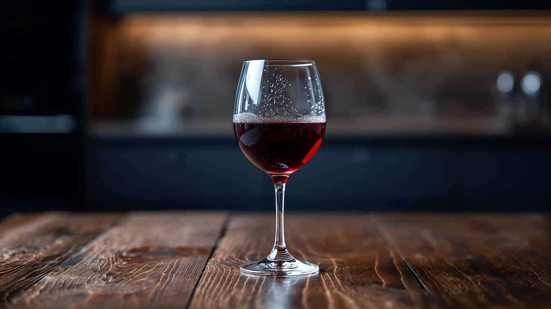 A cinematic, professional close-up photograph of a glass of rich red wine sitting on a rustic wooden table. The lighting is moody and warm, highlighting condensation beads forming on the slightly chilled glass, contrasting with the dark red liquid. In the blurred background, a modern kitchen setting suggests a home environment. The image should convey sophistication but accessibility, emphasizing the perfect cool temperature of the beverage.