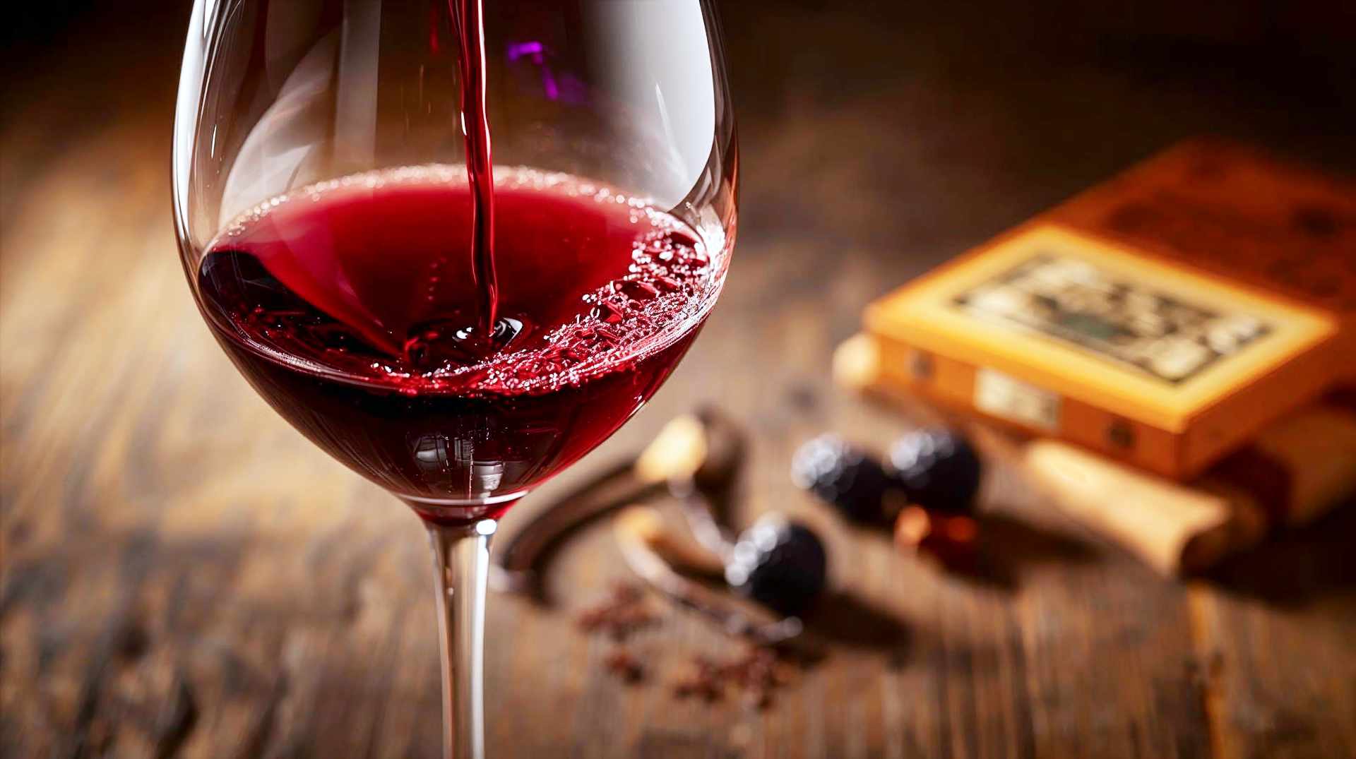 Subject: A close-up, artistic shot of a wine tasting moment focusing on the olfactory experience. Composition: A large, elegant crystal wine glass filled with a rich, ruby-red wine (like a vintage Cabernet) is being gently swirled. The glass catches the warm, golden light, highlighting the "legs" on the side of the glass. In the slightly blurred background, there are subtle visual cues of "aromas": a rustic wooden table featuring fresh blackberries, a vanilla bean, a strip of leather, and a cedar cigar box, arranged artfully to represent the wine's bouquet. Lighting: Warm, golden-hour lighting (chiaroscuro style) that creates depth and emphasizes the texture of the wine and the glass. Mood: Sophisticated, sensory, intimate, and educational. Style: Hyper-realistic professional food and beverage photography, high resolution, macro depth of field.