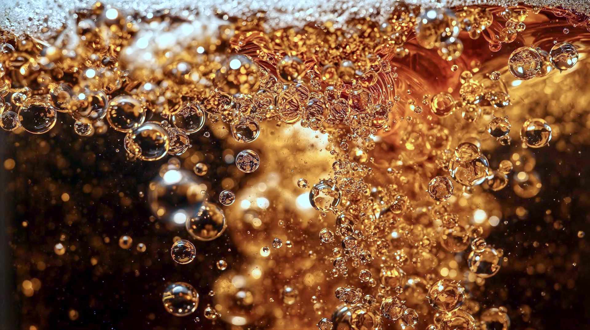 A hyper-realistic, macro-photography style close-up of active fermentation inside a glass vessel. The image should capture the dynamic movement of golden liquid with vigorous, pearl-like carbon dioxide bubbles rising through it. In the center, semi-translucent, microscopic yeast cells are artistically rendered (slightly larger than life for visibility) glowing with a soft, warm amber bioluminescence to symbolize their energy. The lighting should be dramatic and cinematic, emphasizing the golden and copper tones of the liquid, creating a sense of scientific magic and biological industry. High contrast, sharp focus on the bubbles, bokeh background of a brewery environment.